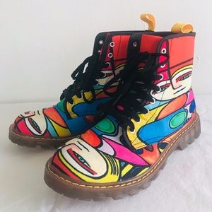 Funky Picasso Style Print Festival Canvas Combat Boots (US 9.5)